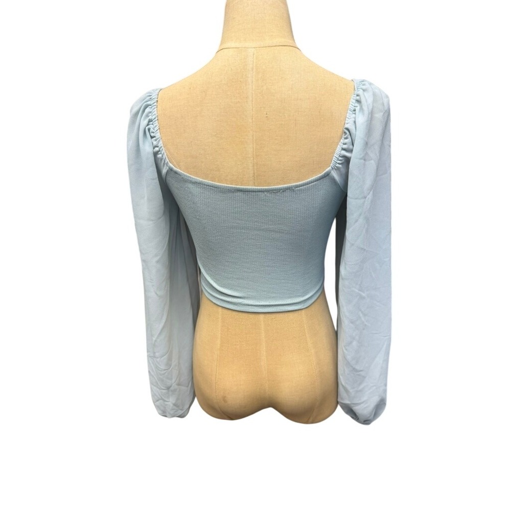 Light Blue Ruched Drawstring Crop Top Off Shoulder Balloon Sleeve Ribbed Knit - Picture 3 of 7